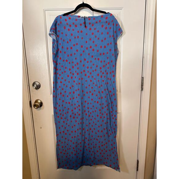 Zara Trafaluc Dress Women's Medium Blue/Red Polka Dots Cap Sleeve Pleated Midi - Picture 3 of 7
